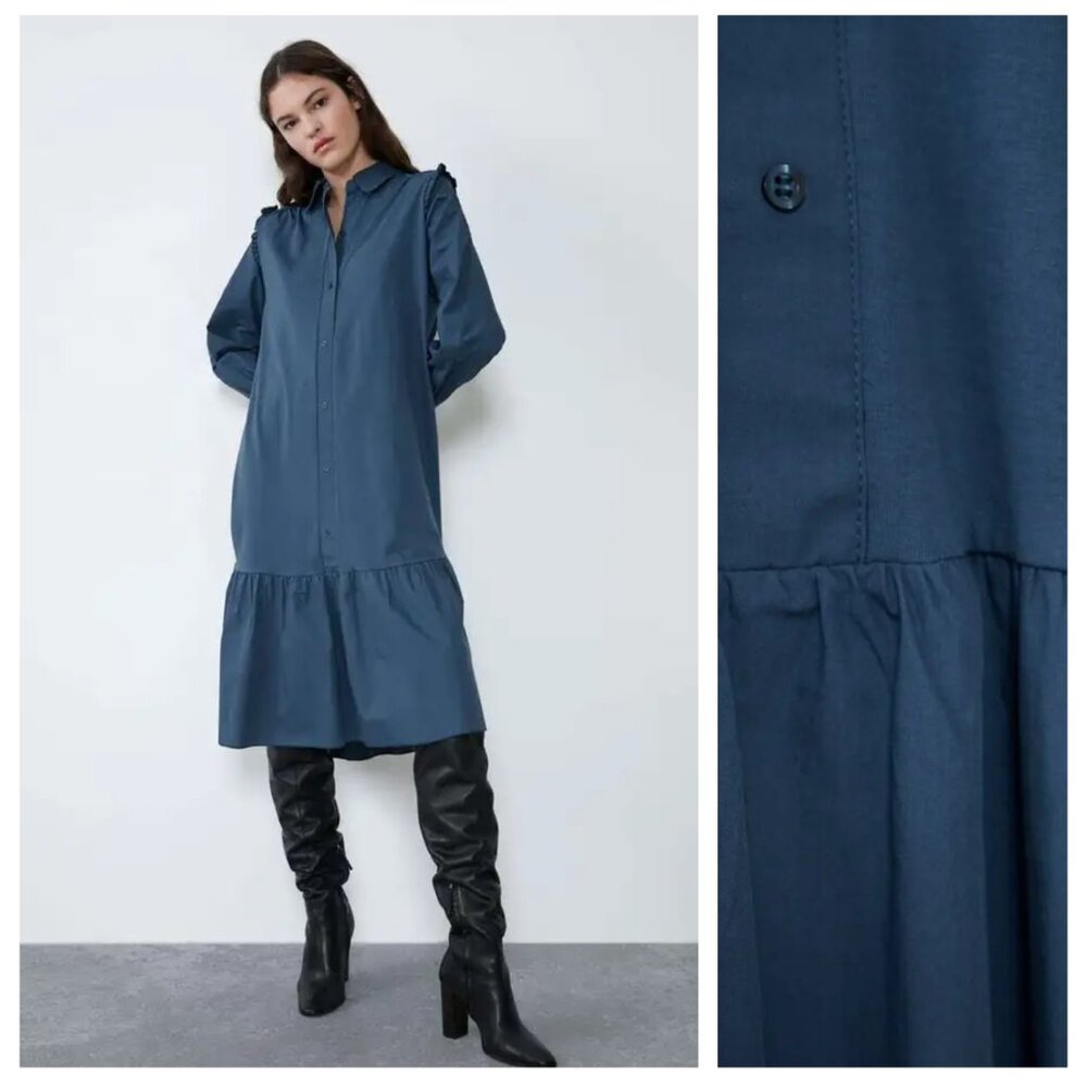 Zara Petrol Blue Green Button Down Long Sleeve Shirt Midi Dress